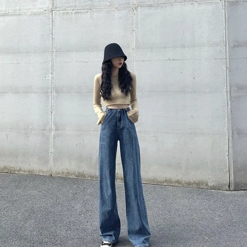 

New Light Blue Jeans For Women Washed Retro High Waist Straight Long Loose Wide Leg Jeans Women trousers streetwear pants