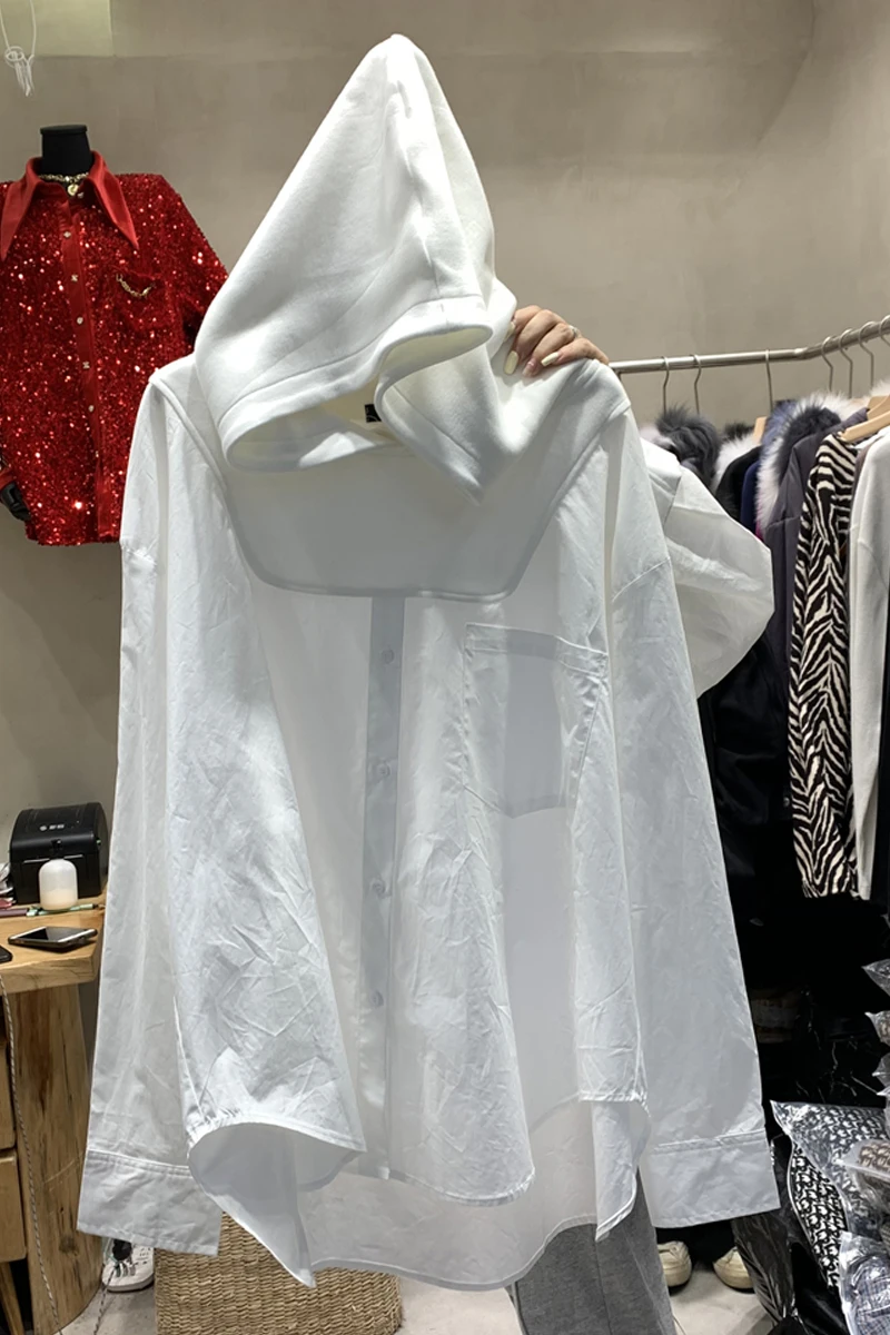 

2021 Spring New Pure Cotton Loose Casual Hooded Stitching Solid Color Pocket Shirt for Women Buttoned Shirt