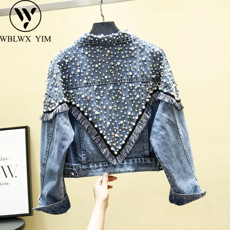

Streetwear Women Jeans Jacket Fashion Beading Tassel Short Denim Jacket Pocket Lapel Loose Long Sleeve Jeans Coat Female Autumn