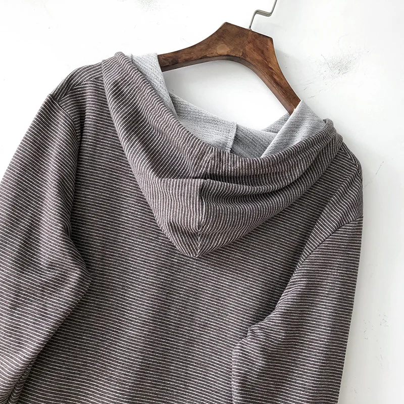 Autumn Casual Women Stripe Shirt Cotton Hooded Long Sleeve Spring Thin Pockets Loose Female Fashion Blouse YoYiKamomo
