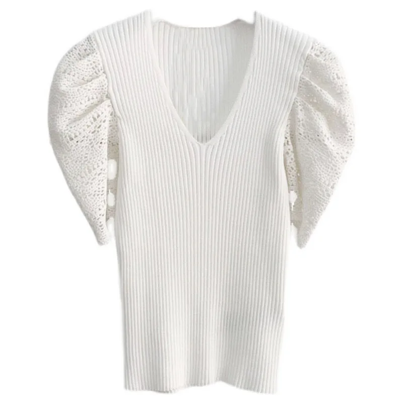 

ENGAGEMENT High-quality 2021 Summer New V-neck Hollow Bubble Sleeve Sweater Women's Ice Silk V-neck Slim Short-sleeved Shirt