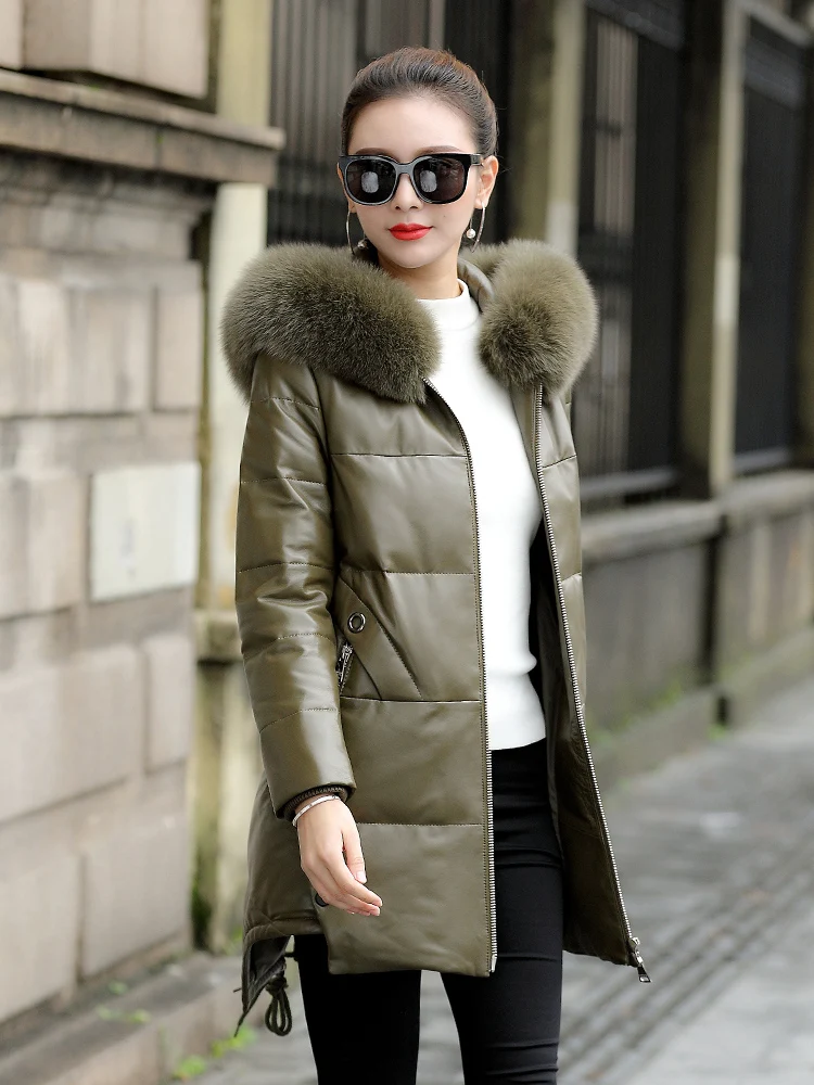 Plus Size 5XL 2020 Winter New Leather Leather Jacket Women's Sheep Skin Medium Long Large Size Fur Coat with Cap