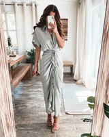 casual solid shirt dress fashion sashes button pleated ladies dress women short sleeve long dresses gown female party dress robe