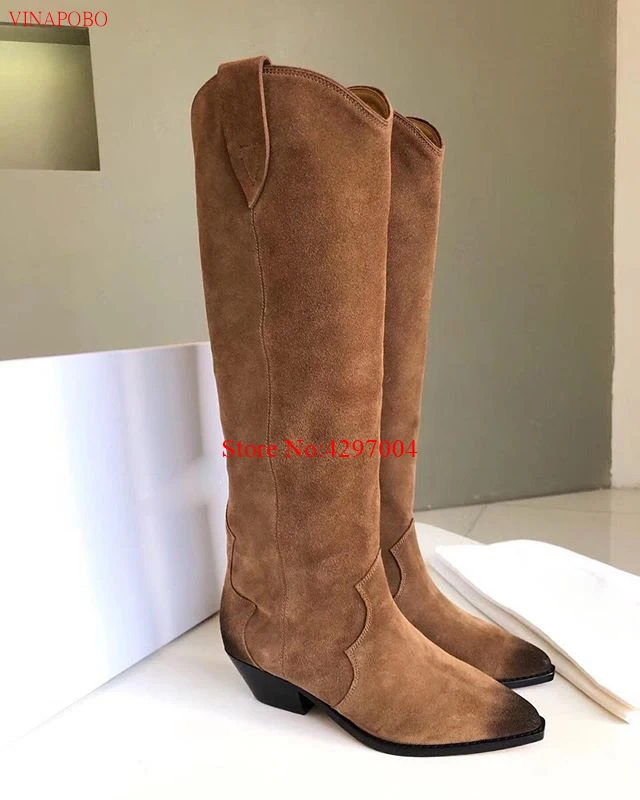 Женские замшевые сапоги до колена высокие ковбойские из натуральной кожи с
