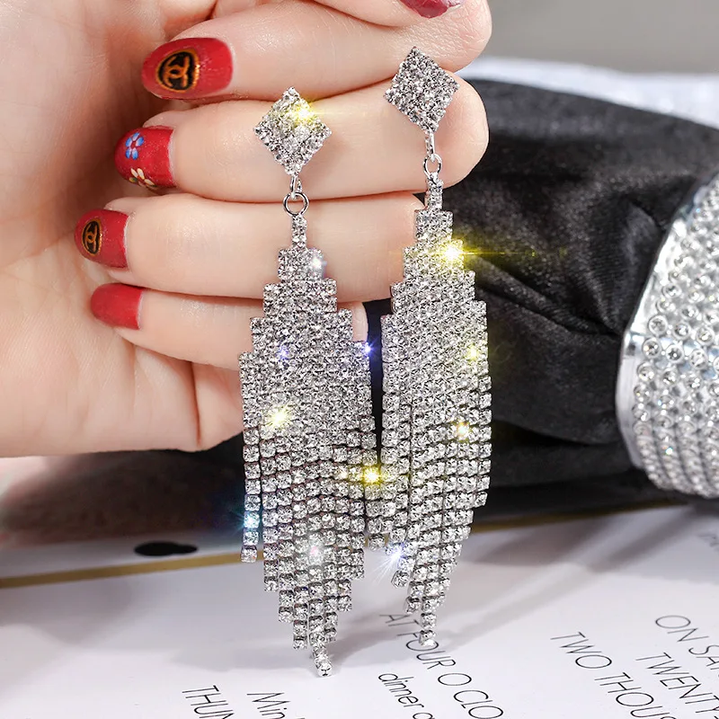 

925 Silver Needle European And American Exaggerated Fashion Personality Versatile Diamond Long Tassel Earrings Women