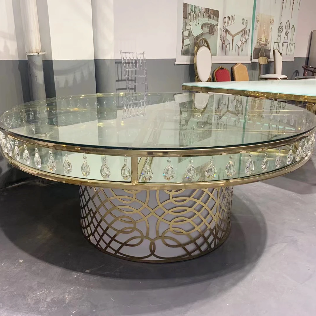 

Glass Top Stainless Steel Dining Table Led Furniture Acrylic Based Banquet Big Size Round Dining Table for Wedding Rental Event