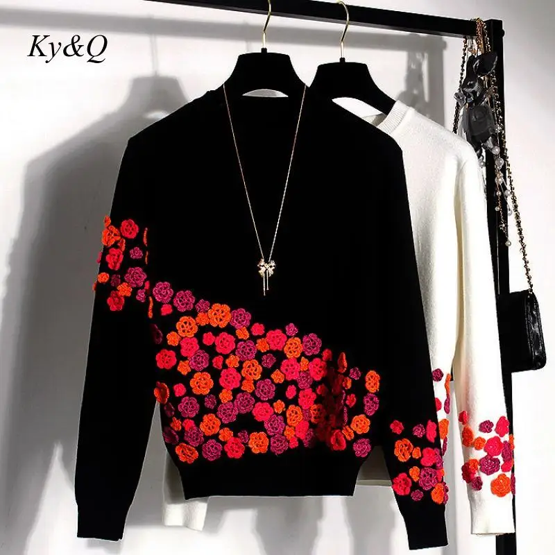 Runway Brand Designer 2019 Winter Women Sweet Flower Appliuques O-neck Pullover Sweater Small Fresh Jumper Christmas | Женская одежда
