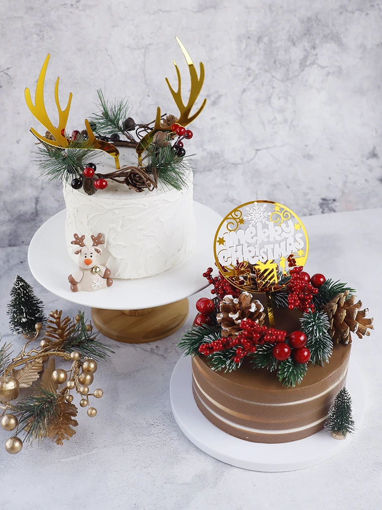 

2022 Merry Christmas Cake Toppers Gold Deer Elk Antlers Acrylic Cake Topper for new year Party Handmade Cake Gift Decoration