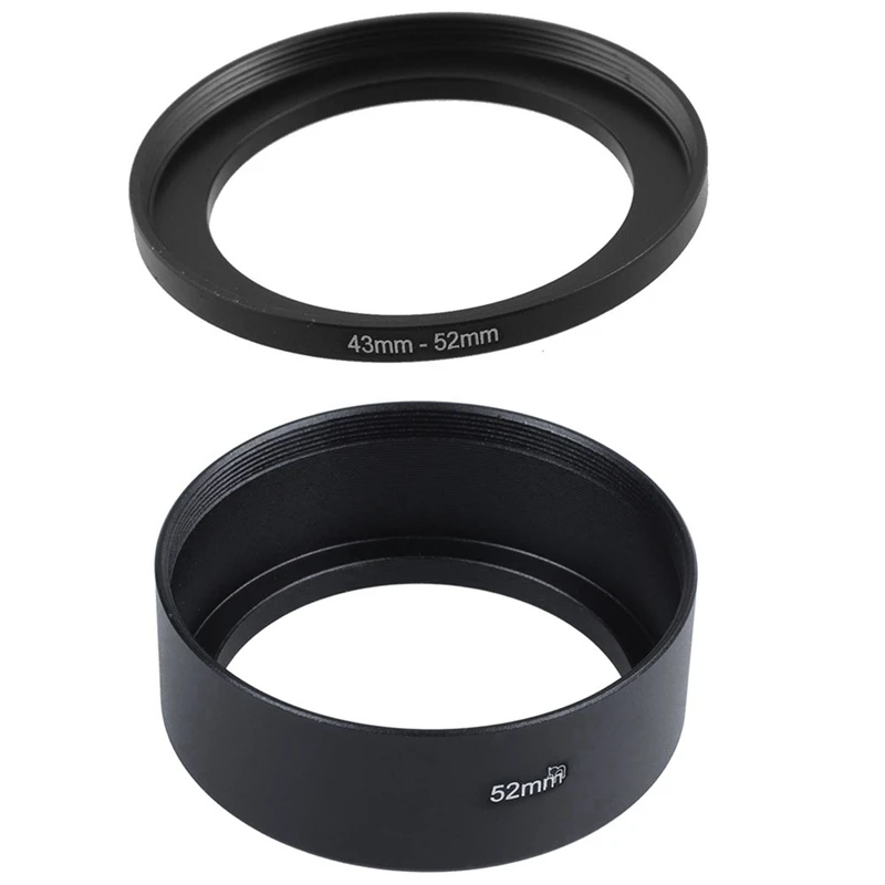 

1 Pcs 43Mm To 52Mm Metal Step Up Filter Ring Adapter & 1 Pcs Sunshade Metal 52Mm For Canon Nikon Lens 52Mm