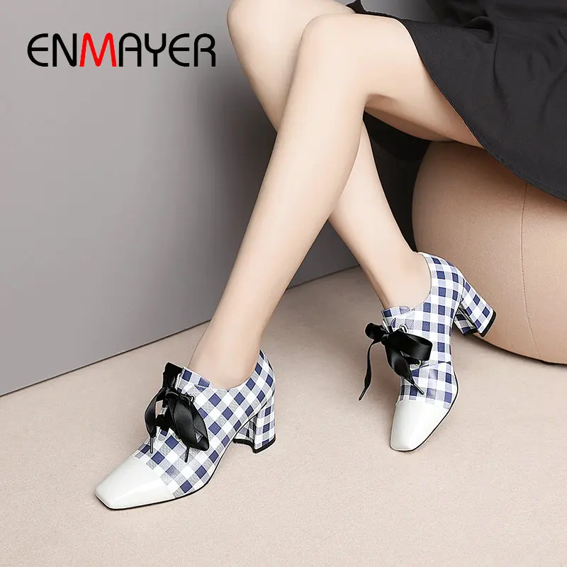 

ENMAYER 2020 Basic Genuine Leather Pointed Toe Lace-Up Pumps Square Heels Womens Shoes Checkered Patterns Office Lady Shoes