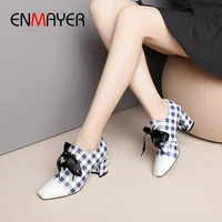 enmayer 2020 basic genuine leather pointed toe lace up pumps square heels womens shoes checkered patterns office lady shoes
