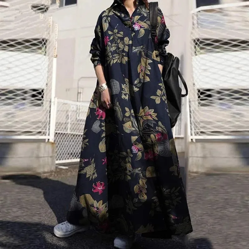 

Elegant Casual Loose Dress Women New Fashion Button Lapel Long-sleeved Lady Maxi Dress Vintage Print Female Shirt Dress Vestido