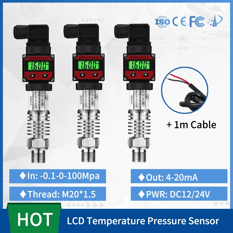 

High Temperature Pressure Transmitter Transducer Sensor 4-20mA Output for Water Gas Oil With 1m Cable M20*1.5 DC24V LCD Display
