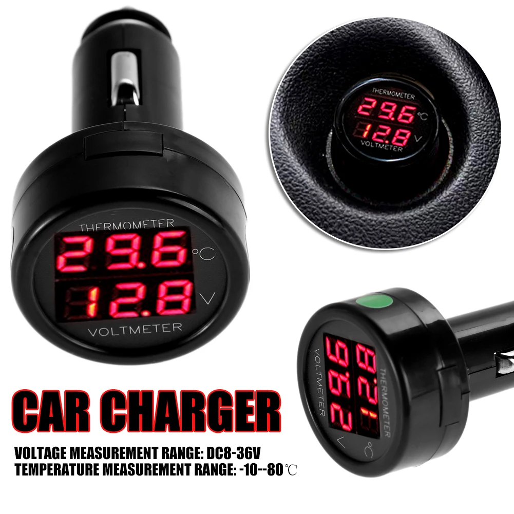 

Mobile Phone Adapter Car Charger 2 in 1 Digital Car Voltmeter Thermometer Car Adapter Charger Cigarette Lighter