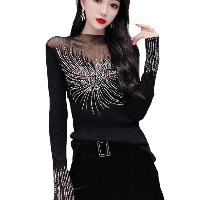 

Sexy Women Skinny Knitted Flowers Beaded Pullovers Mesh Stitching Hollow Diamonds Sweater Bottoming Shirts Undershirts Slim Tops