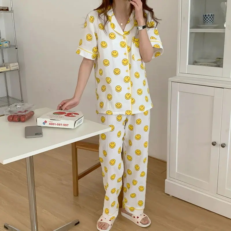 

QWEEK Cotton Pijama Smiley Print Pajamas Women Korean Sleepwear Summer 2021 Pyjamas Set 2 Piece Short Sleeve Homewear Loungewear