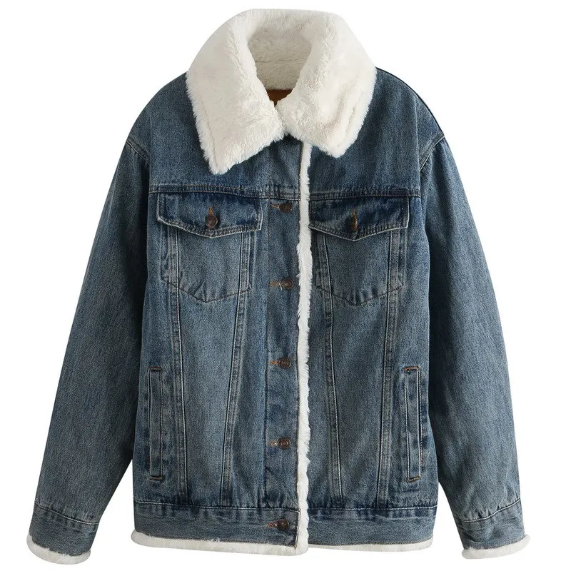 

2020 New Autumn Winter Thick Warm Vintage Denim Jackets Lambswool Jean Coat Outerwear Korean BF Style Loose Women Overcoat