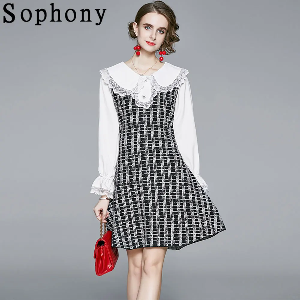 

2021 Runway Autumn Spring Mini Dress Elegant Plaid Lace Patchwork Peter Pan Collar Long Flare Sleeve A Line Party Dresses S66973