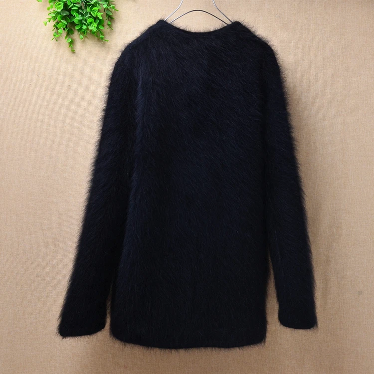 

Femme women winter loose autumn solid V-neck plush mink cashmere cardigan long sleeves angora rabbit fur sweater coat autumn