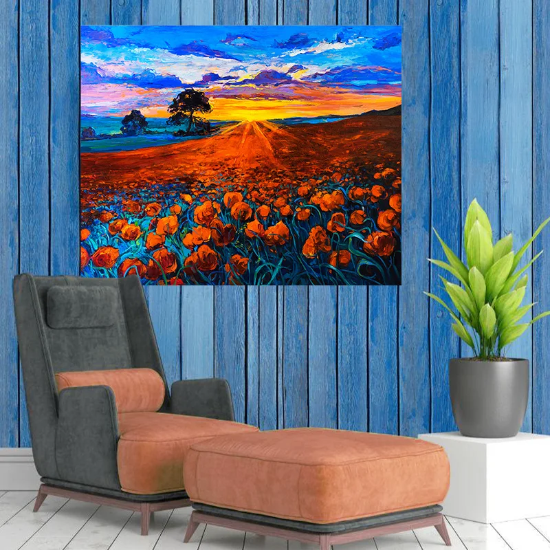 Картина с красными цветами по номерам красная Поппи закат Трава Пейзаж ручной