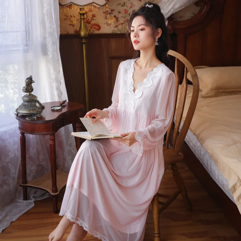 

Roseheart New White Women Homewear Female Sexy Sleepwear Night Dress Long Lace V Neck Nightwear Nightgown Sleepwear Court Gown