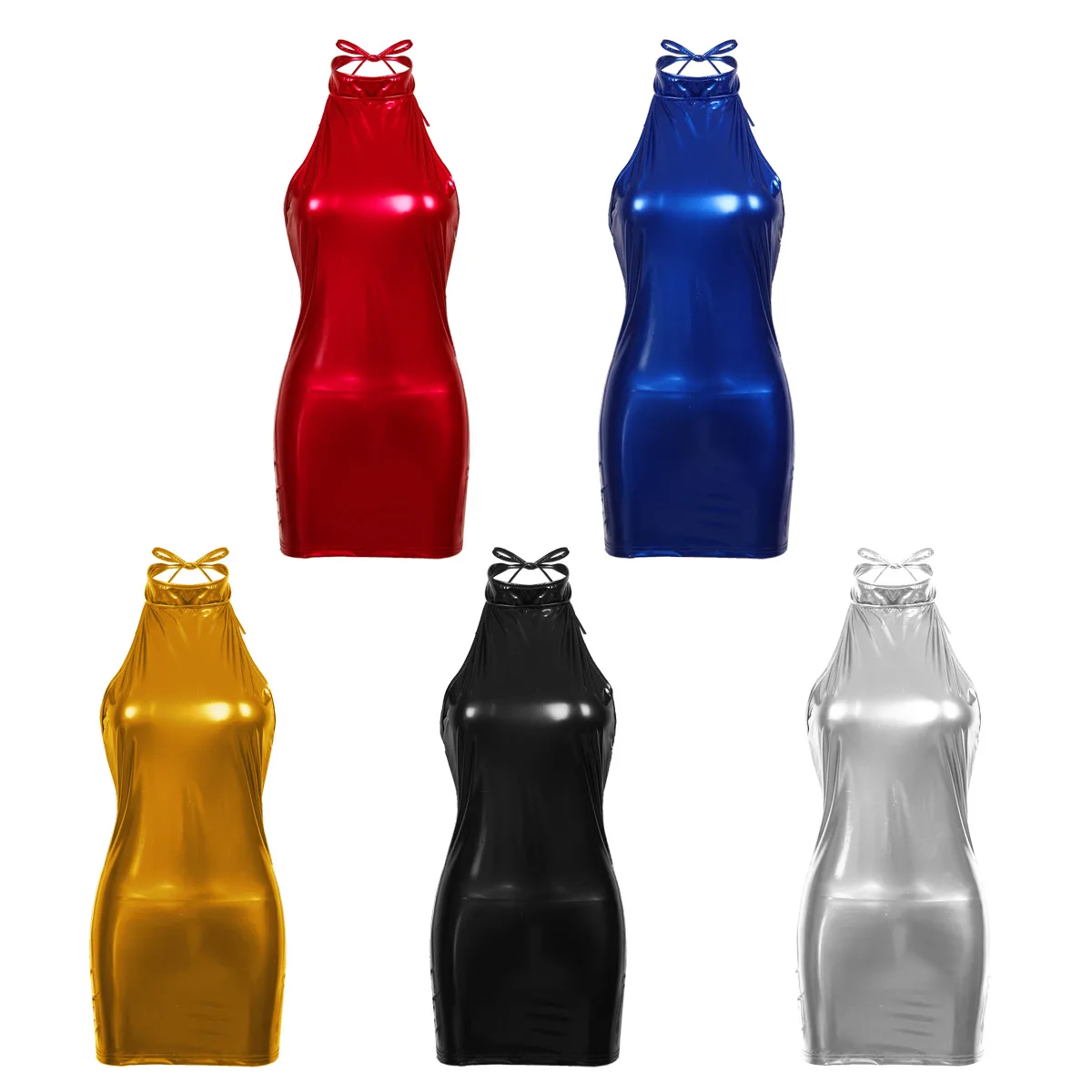 Мини-платье женское из лакированной кожи с лямкой на шее без рукавов открытой