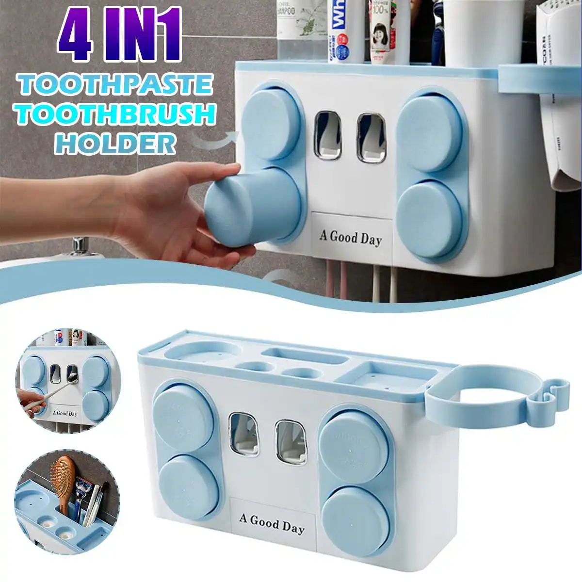 

4 in 1 Self-adhesive Automatic Toothpaste Dispenser+Toothbrush+Hair Dryer+Mug Holder Set Wall Mount Stand Bathroom Washing Sets
