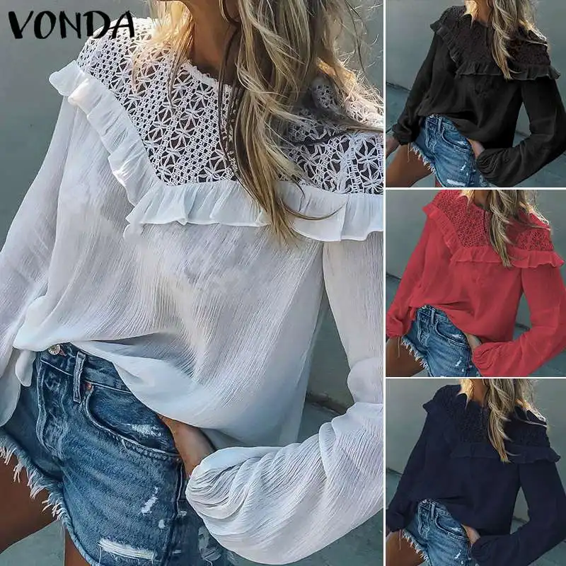 VONDA, размера плюс, белая хлопковая Женская туника, Пляжная блузка, Осенние тонкие топы с рукавами-колокольчиками, женские повседневные свободные блузы, больше размера d