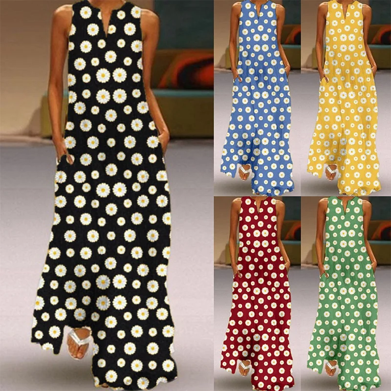 

Women Summer Dress Daisy Print Ladies Fashion Casual Sleeveless Vintage Bohemian V Neck Maxi Dress