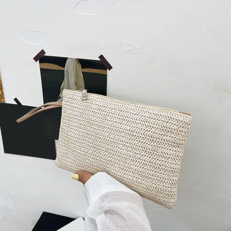 

Fashion Ladies Weaving Wristlet Clutch Women Daily Money Phone Clutch Solid Straw Woven Coin Purse Beach Wallet Card Bag