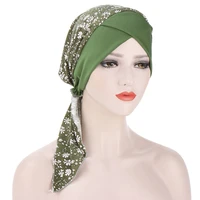 fashion women printed forehead cross inner hijabs caps muslim head scarf turban hat long tail headwraps cap hijab bonnet