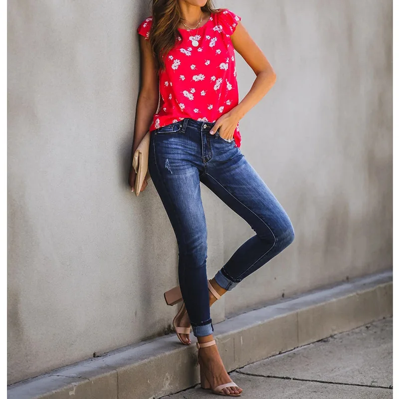 BAMBOOBOY Women's Summer Sweet O Neck Flower Print Frill Casual Top FC916