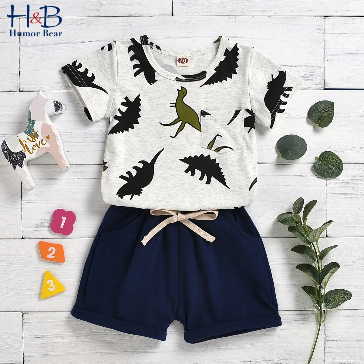 

Humor Bear Toddler 2pcs Summer Baby Boys Clothes Casual Short Sleeve Cartoon Dinosaur Print T-shirt Tops+Shorts Costume