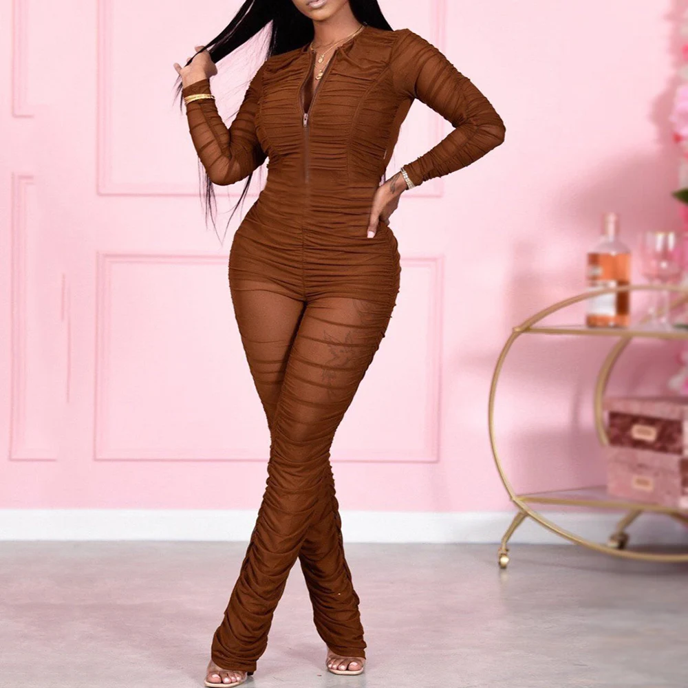 

Jumpsuit High Waist Plain Solid Long Sleeve Jumpsuit Women V-neck Elegant Party Sequins Slim Autumn Ladies Wide Jumpsuits