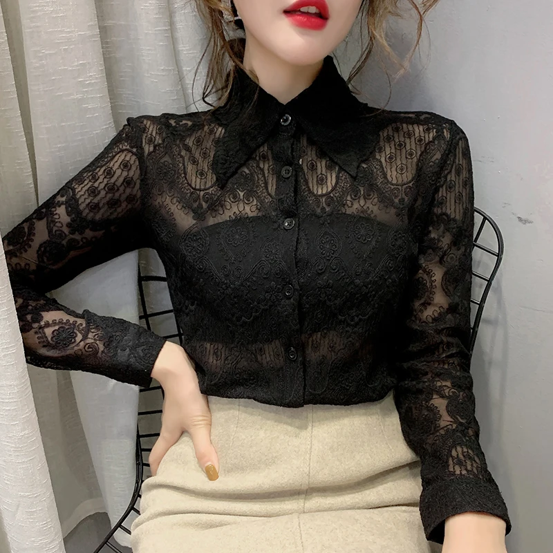 2021 Spring Autumn Women's Hollow Out Lace Shirts Long Sleeve Elegant Transparent Blouses Embroidery Ladies Lapel Collar Tops