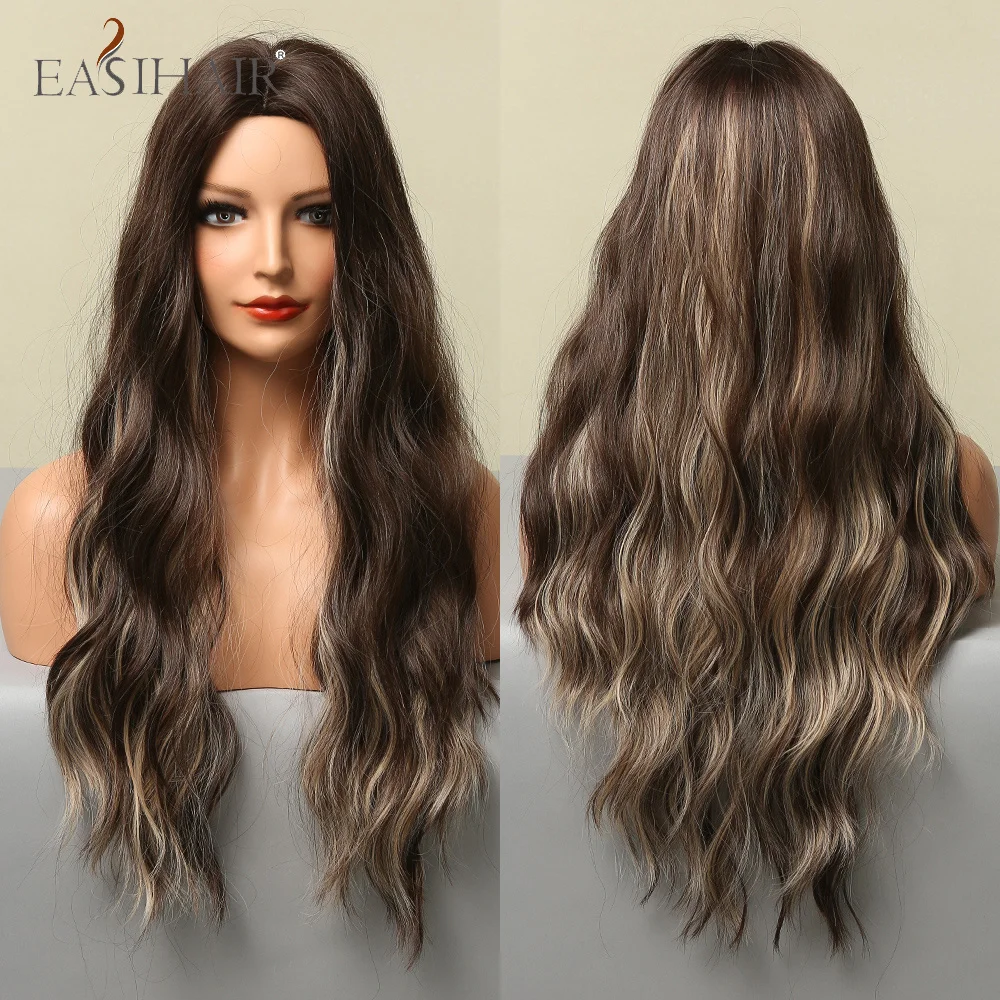 

EASIHAIR Long Deep Wave Ombre Black Brown Synthetic Wigs with Blonde Highlights Heat Resistant Hair Wigs for Black Women Afro