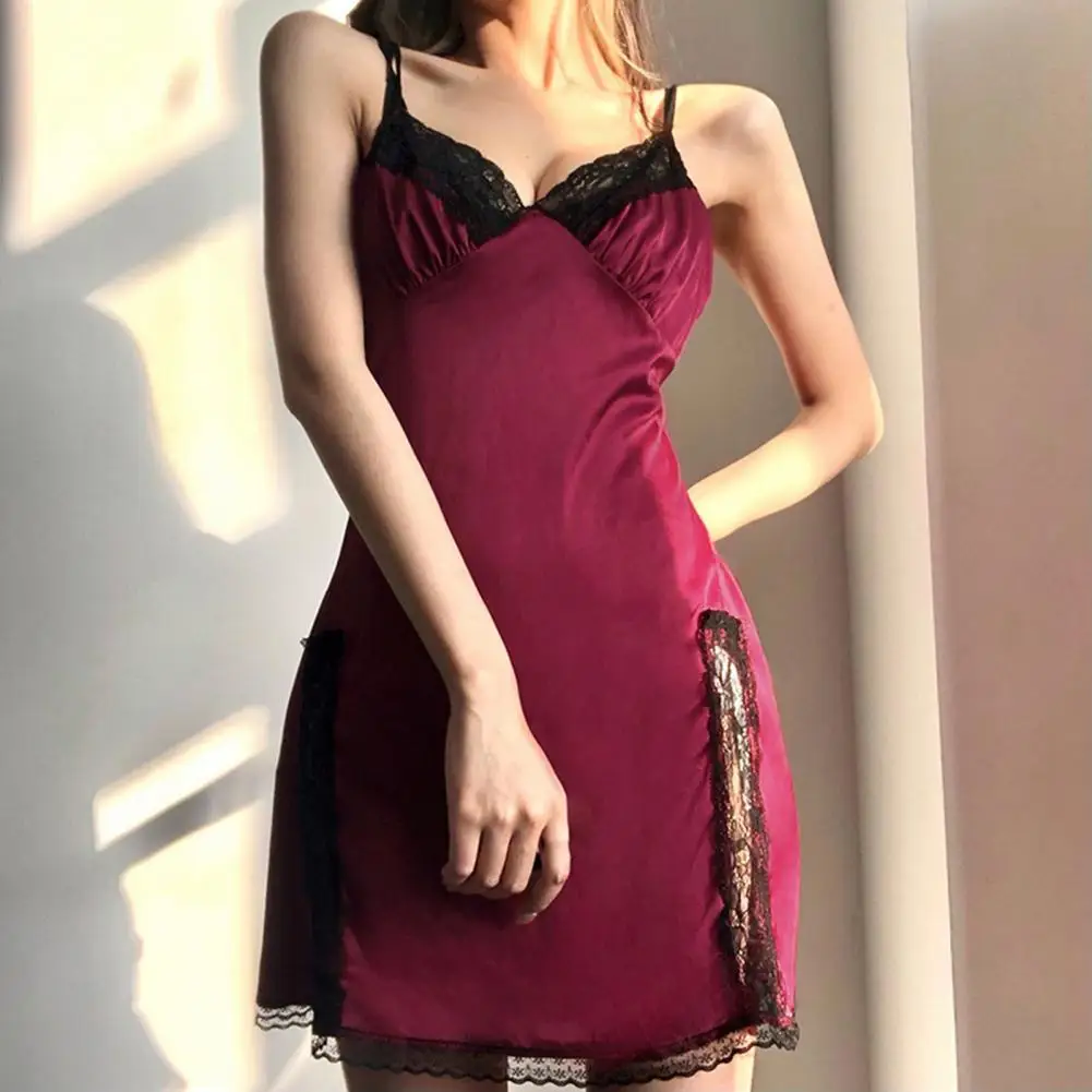 

V Neck Satin Strap Sexy Black Dress Women Lace Patchwork Backless Summer Dress Mini Side Split Ladies Dresses Fashion Vestidos