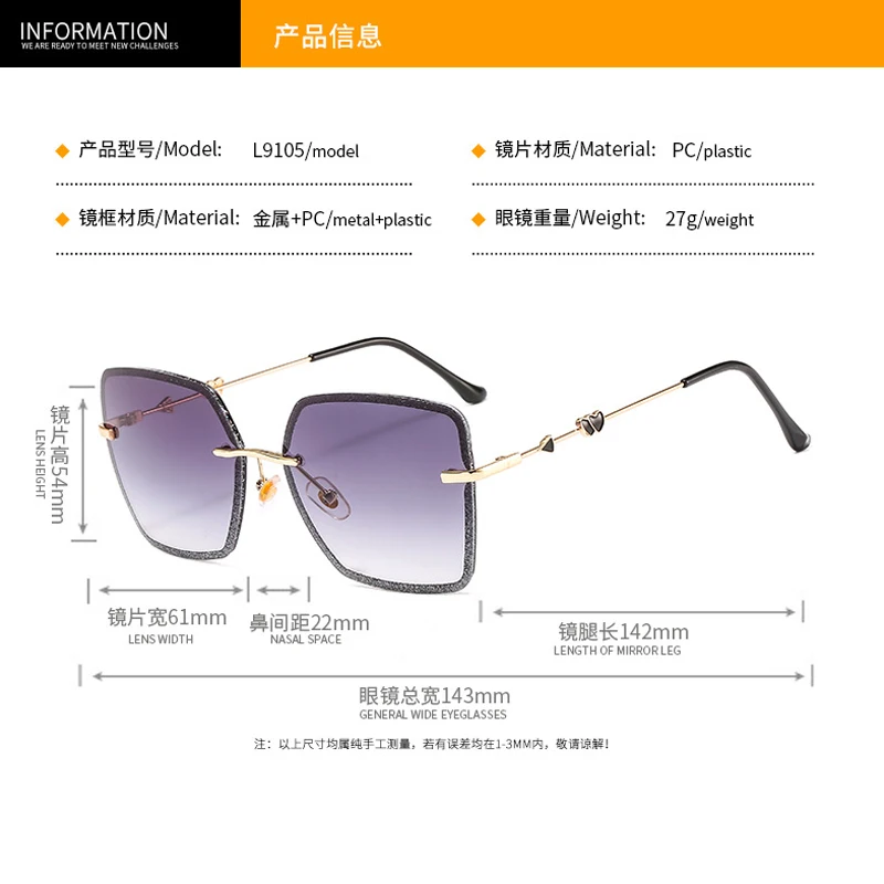 

2020oversize Luxury color crystal frameless fashion sunglasses High Quality square tide women live sunglasses UV oculos feminino