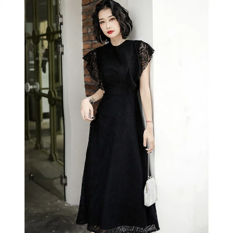 

Office Lady Black Elegant Evening Party Dress Vintage Temperament Lace A-Line Dresses S-3XL Exquisite Long Banquet Gown