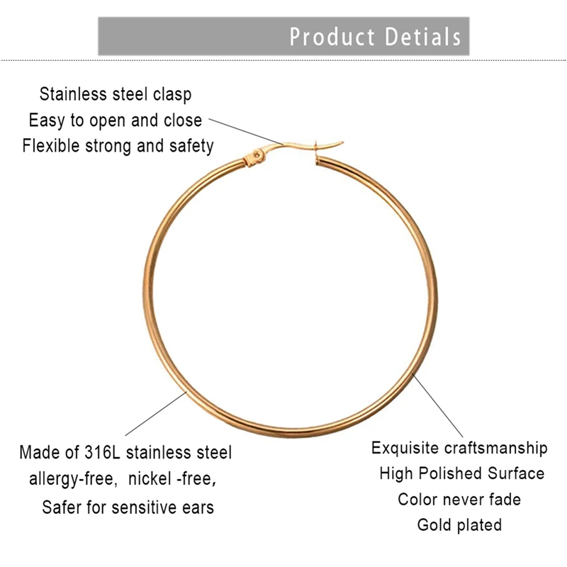 Женские большие круглые серьги обручи простые из титановой стали массивное