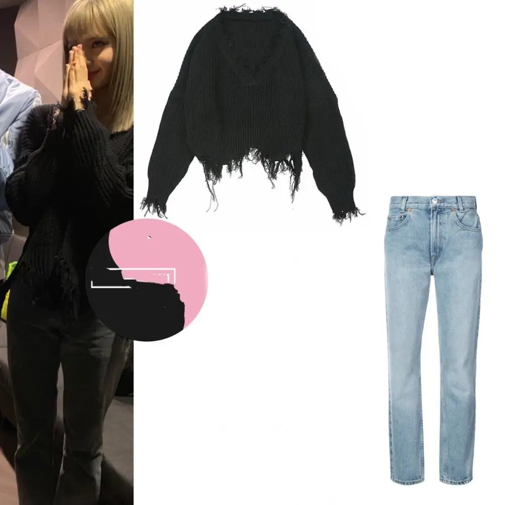 Kpop/корейский стиль модный черный пуловер с v образным вырезом короткий вязаный