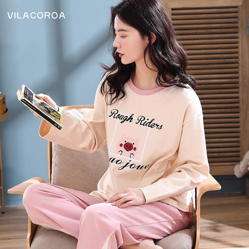 

Хлопковая домашняя женская ночная рубашка с мультяшным принтом и длинным рукавом Свободные прямые брюки корейский Kawaii женский пижамный ко...