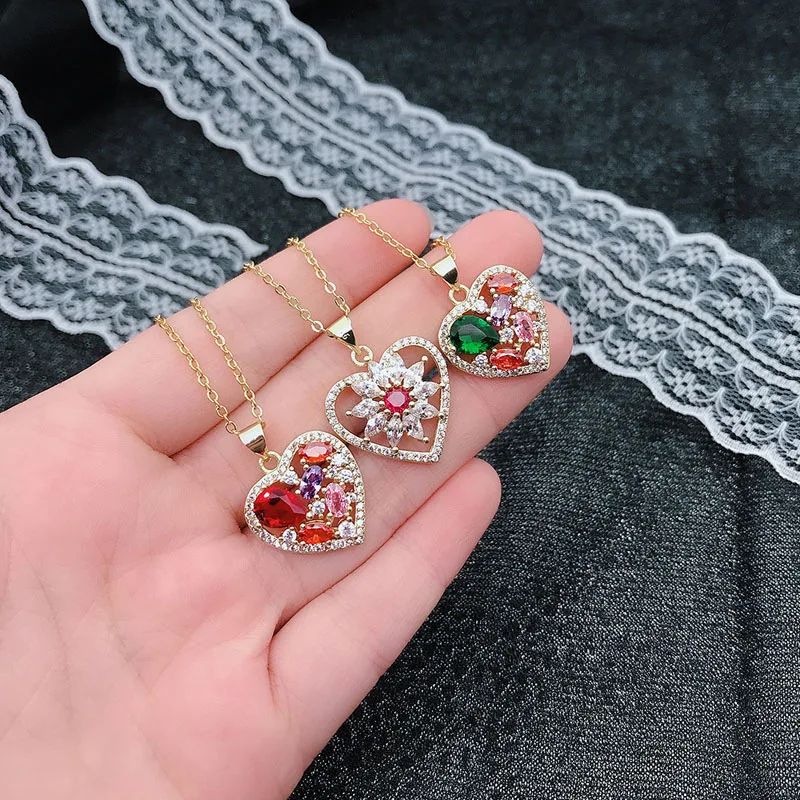 

Fashion Jewelry Romantic Hollow Heart Pendant Necklace Inlay Colorful Zircon Geometry Sun Choker For Women Promise Wedding Party