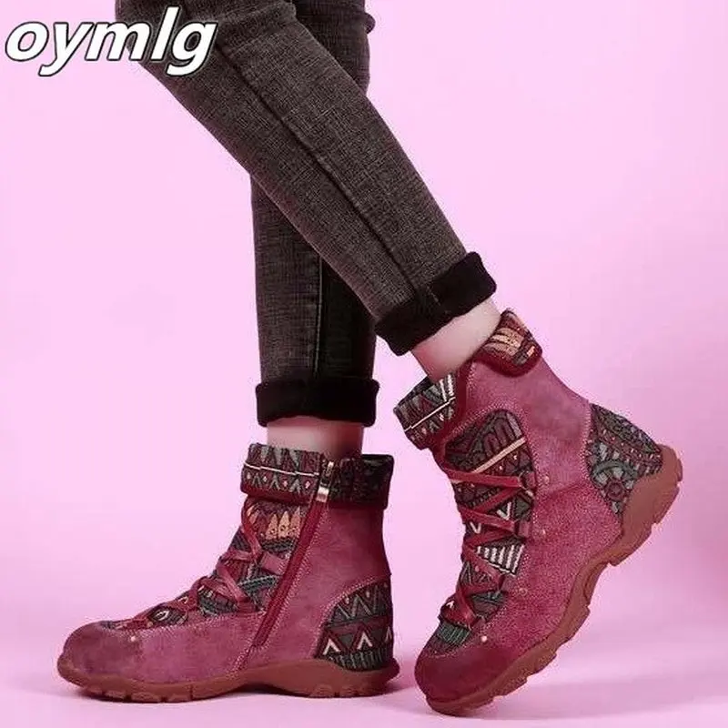 

New Winter Women Boots Bohemian Retro Leisure Embroidery Stitching lace up Ankle Boots Comfortable women Flat Shoes