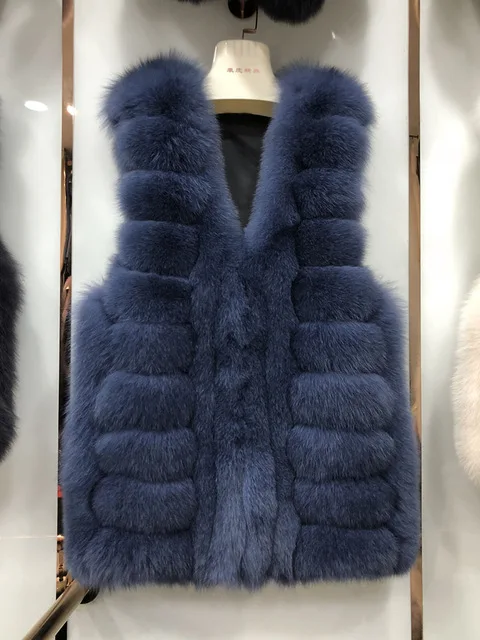 Blue Женский Длинный жилет из натурального Лисьего меха роскошный Теплый жилет подлинный натуральных мех женский жилет S7558 - Цвет: Blue