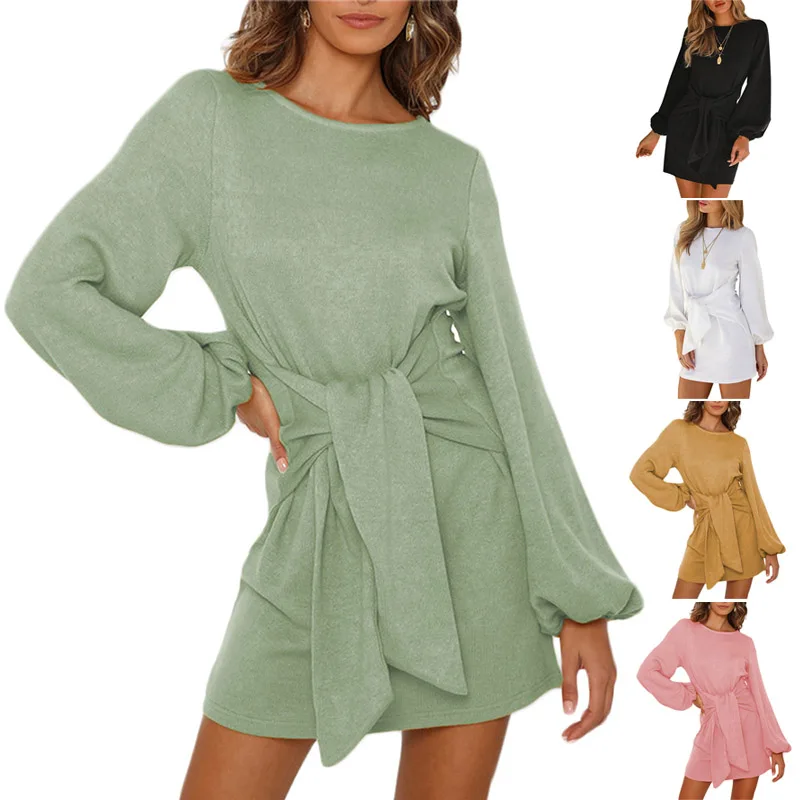 

Ladies Lace-up Long-sleeved T-shirt Sweater Dress Solid Color Loose Fashion Casual -OPK
