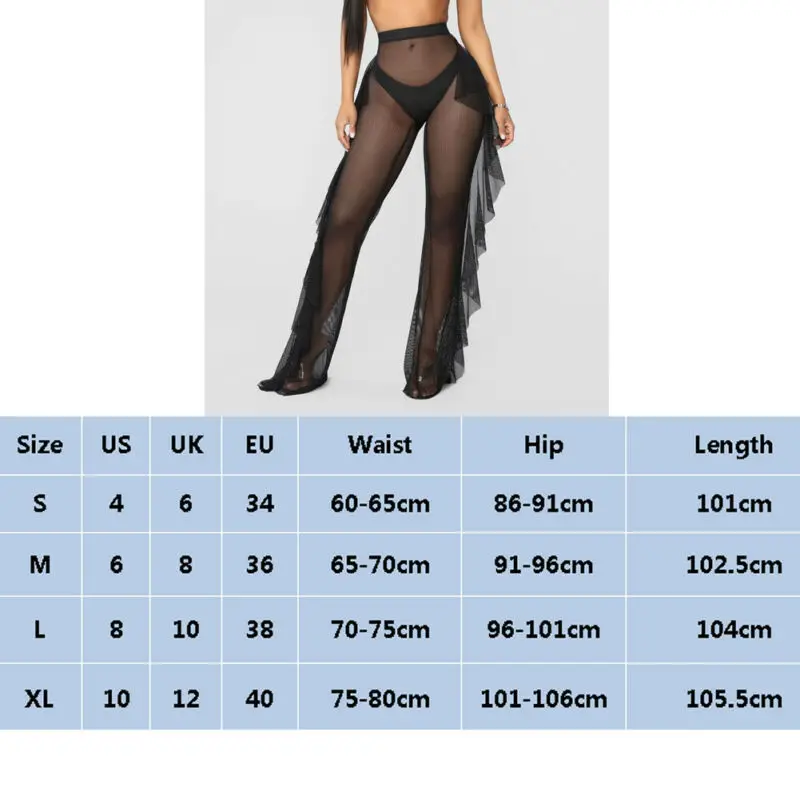 Women Full Length Wide Leg Trousers Party Mesh Sheer Ruffle Beach Cover Up Pants High Waist Flared Palazzo Boho | Женская одежда