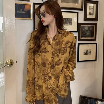 Ladies Retro Printed Shirts Spring And Autumn Korean Loose Casual Abstract Printed Long Sleeve blouses 1