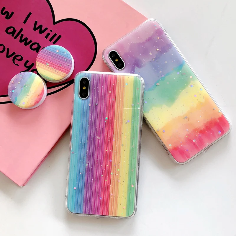 Для iPhone XS Max XR X блеск Чехол радужной расцветки Блестящий Мягкий чехол для задней