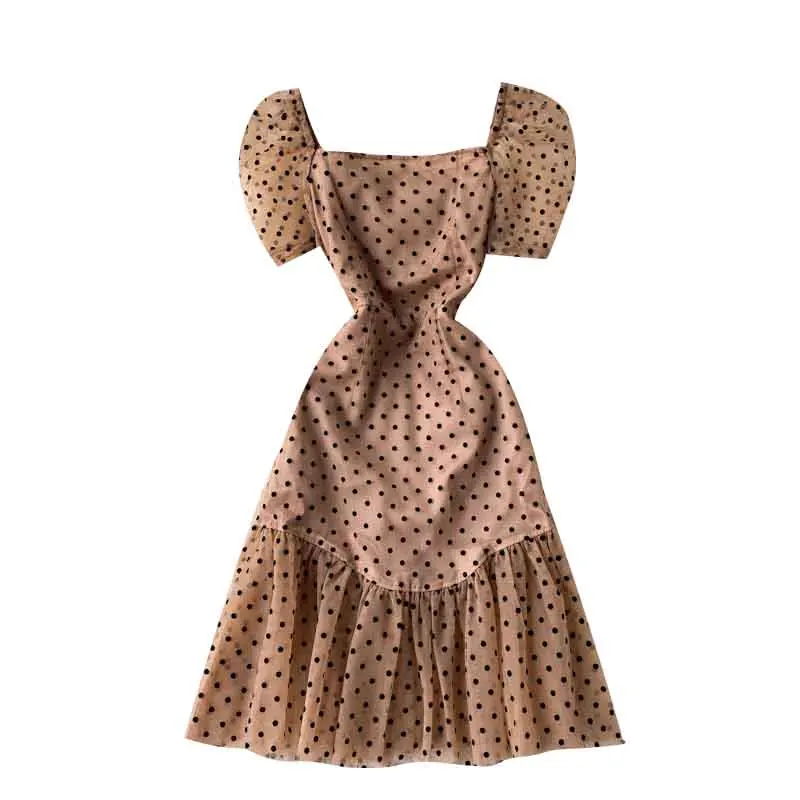 

FTLZZ Summer New Arrival Women Elegant Square Collar Voile A-line Vintage Dress Ladies Retro Dot Puff Sleeve Fishtail Dress